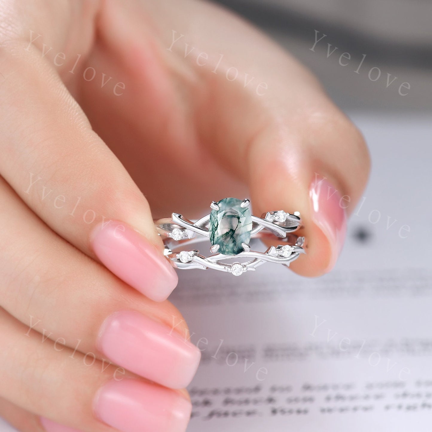 Twig Moss Agate Engagement Ring Set,Oval Vintage Leaf Diamond Ring,White Gold Branch Ring,Twisted Ring Promise Bridal Set,Dainty Ring Set
