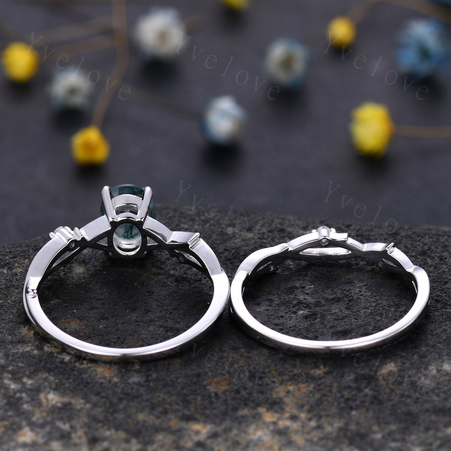 Twig Moss Agate Engagement Ring Set,Oval Vintage Leaf Diamond Ring,White Gold Branch Ring,Twisted Ring Promise Bridal Set,Dainty Ring Set