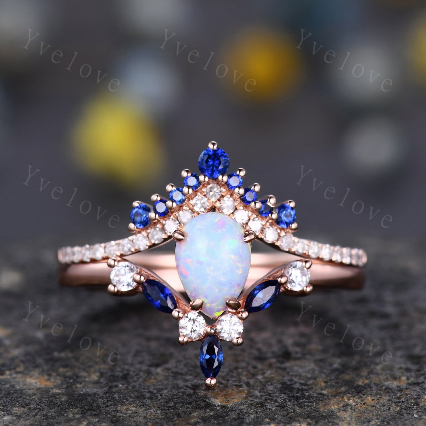 Vintage White Opal Engagement Ring,Opal Sapphire Bridal Ring Set,Pear Opal Ring,Curve Blue Sapphire Diamond Stacking Band,14k Rose Gold Ring