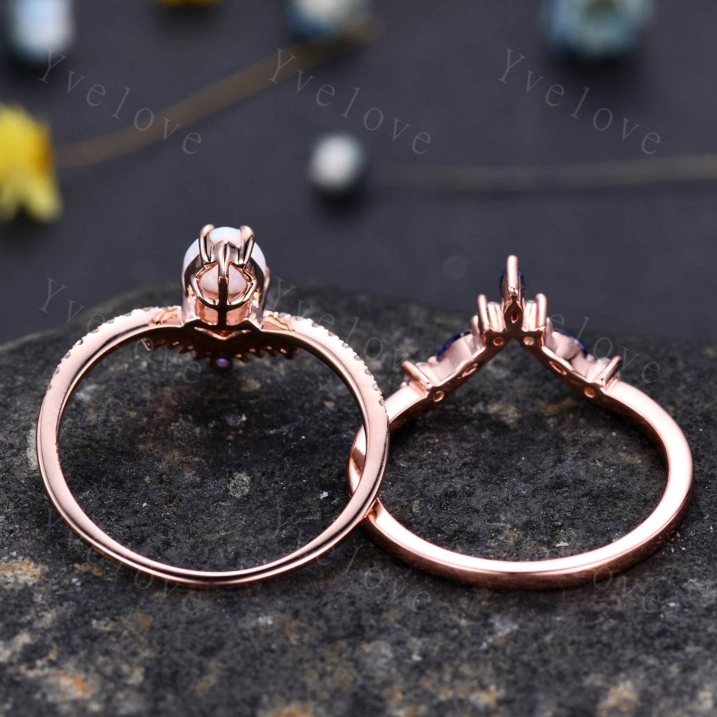 Vintage White Opal Engagement Ring,Opal Sapphire Bridal Ring Set,Pear Opal Ring,Curve Blue Sapphire Diamond Stacking Band,14k Rose Gold Ring