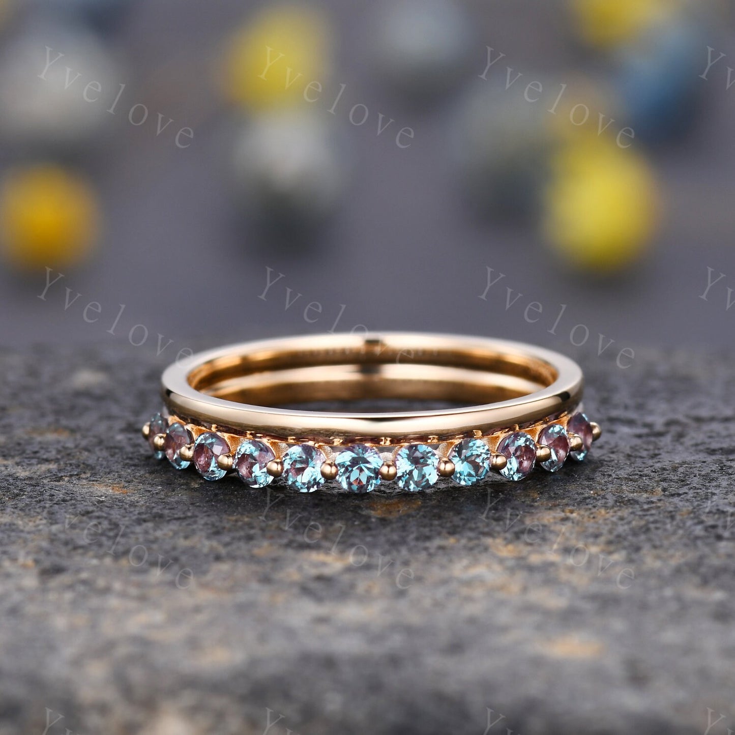 Unique Alexandrite Ring,Plain Band,14K Yellow Gold Women Antique Ring,Wedding Band,Vintage Stacking Matching Ring,Bridal Ring Gift For Her