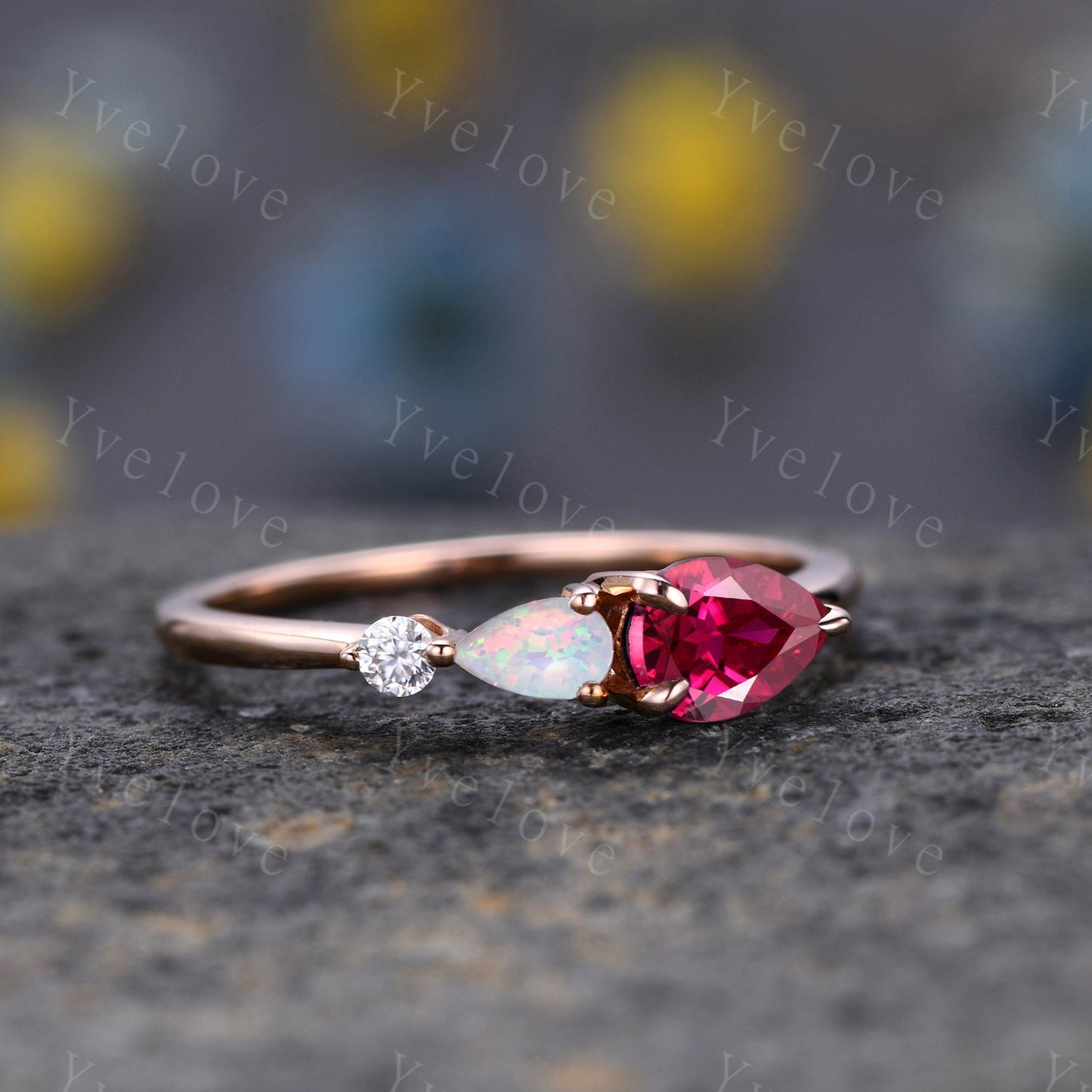 Vintage Red Ruby Opal Ring Engagement Ring,Pear Cut Gems,Art Deco Moissanite Wedding Band,3 Stone Unique Women Bridal Promise Ring,Rose gold
