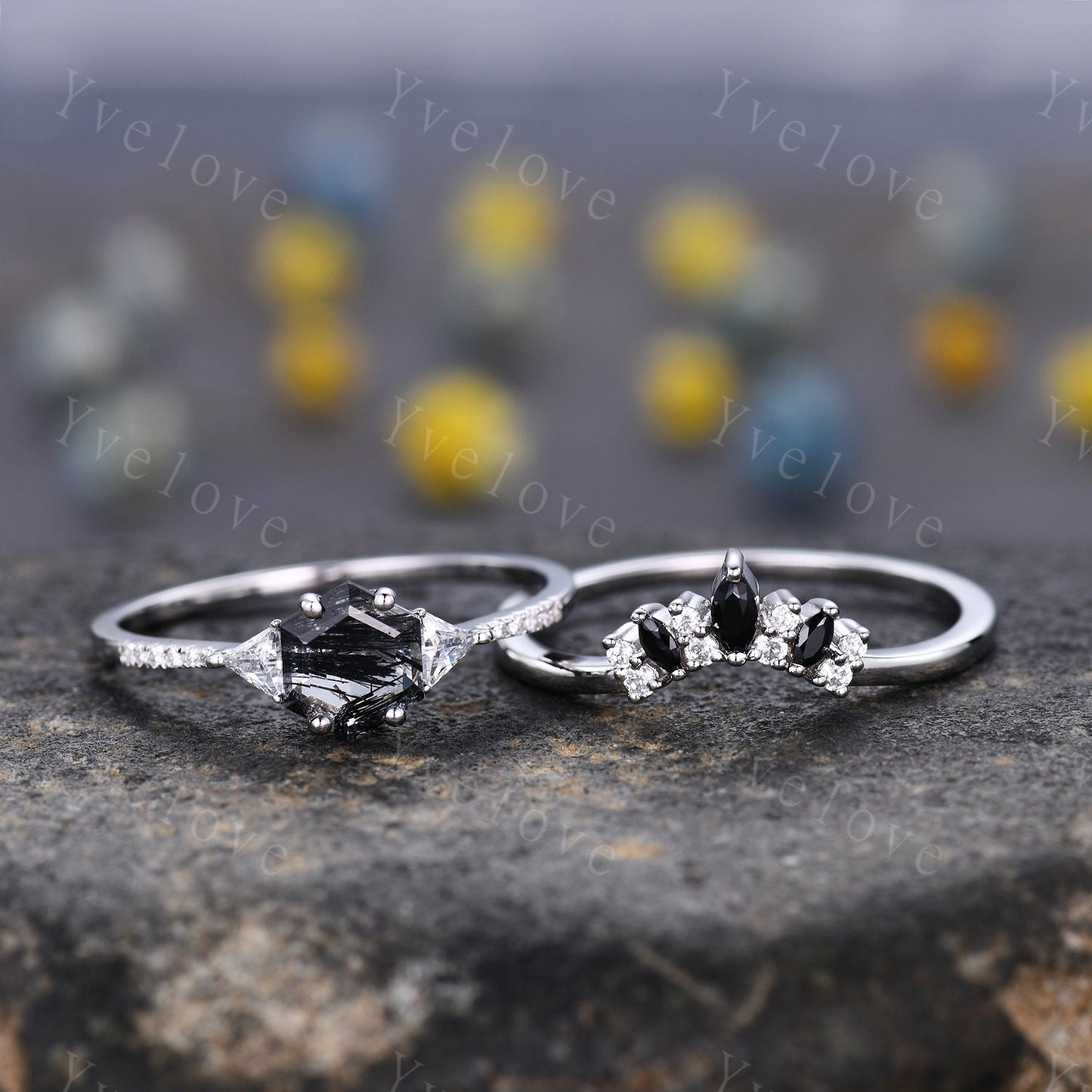 Hexagon Cut Black Rutilated Quartz Engagement Ring,Vingate Bridal Ring Set,Three Stone Engagement Ring,Anniversary Birthday Gift 925 Silver