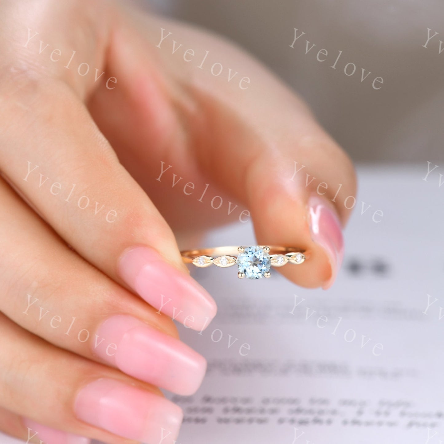 Danity aquamarine engagement ring 5mm round cut aquamarine 14k solid gold art deco diamond wedding band bridal ring March birthstone gift