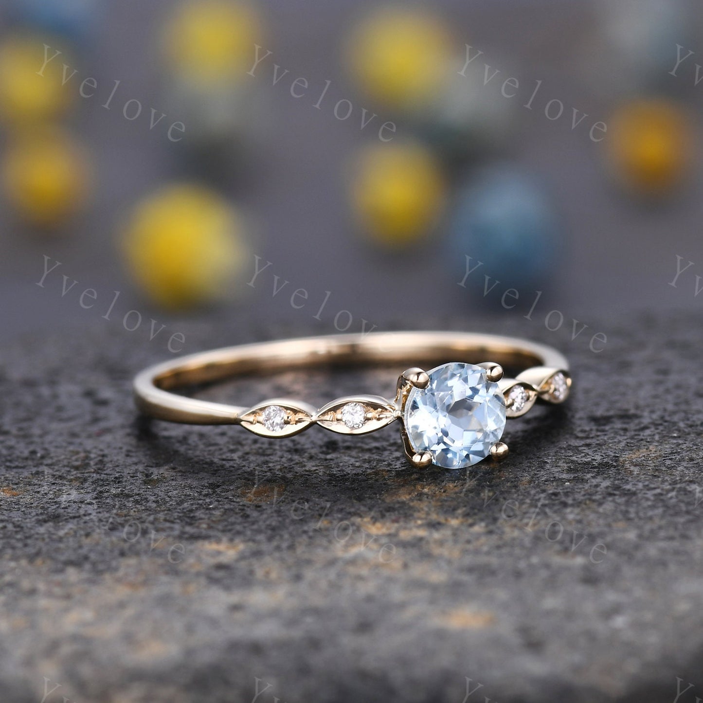 Danity aquamarine engagement ring 5mm round cut aquamarine 14k solid gold art deco diamond wedding band bridal ring March birthstone gift