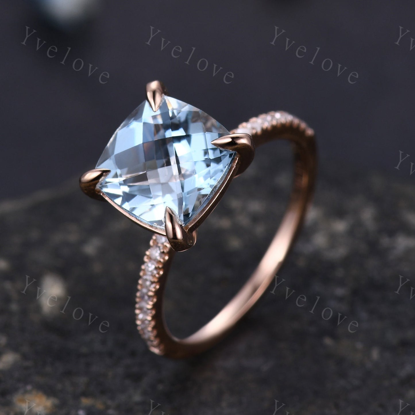 Aquamarine engagement ring rose gold diamond wedding band half eternity band 8mm cushion cut stone solitaire ring March gem handmade jewelry