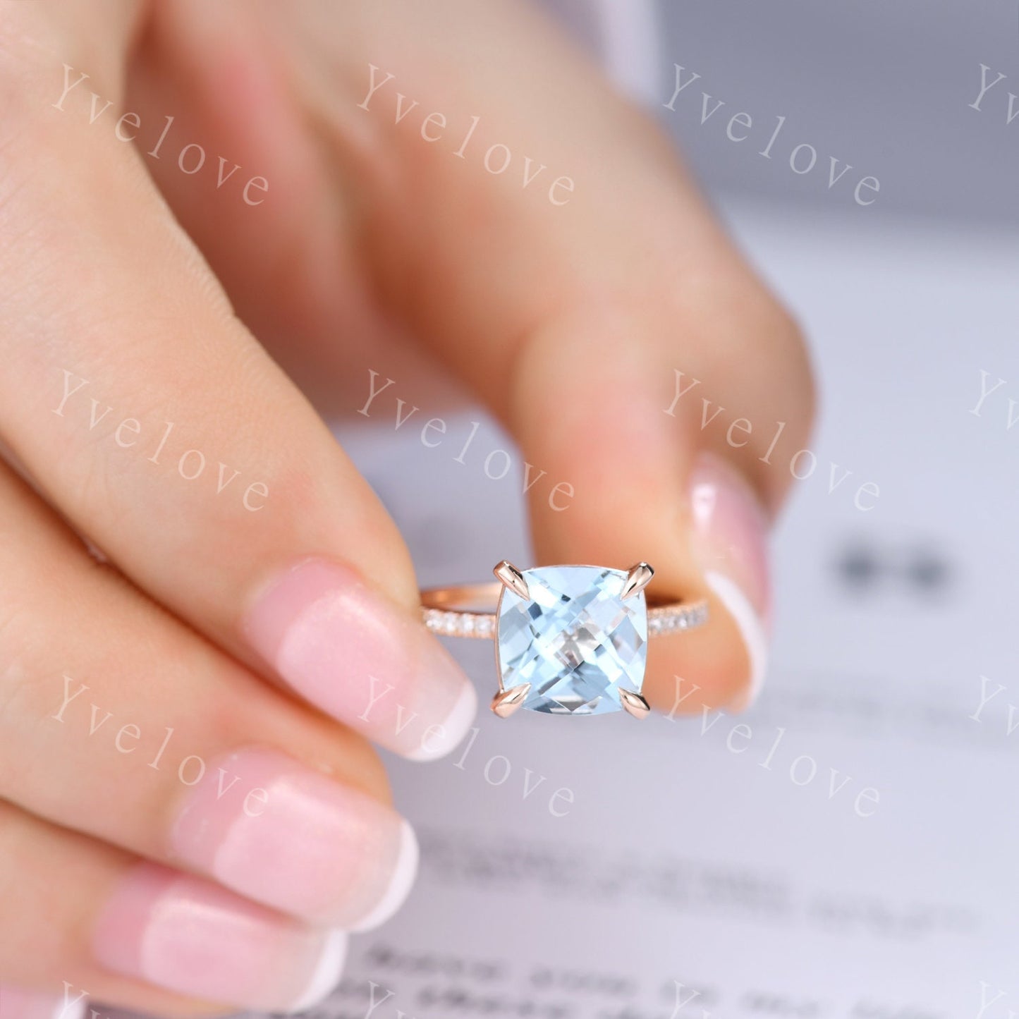 Aquamarine engagement ring rose gold diamond wedding band half eternity band 8mm cushion cut stone solitaire ring March gem handmade jewelry