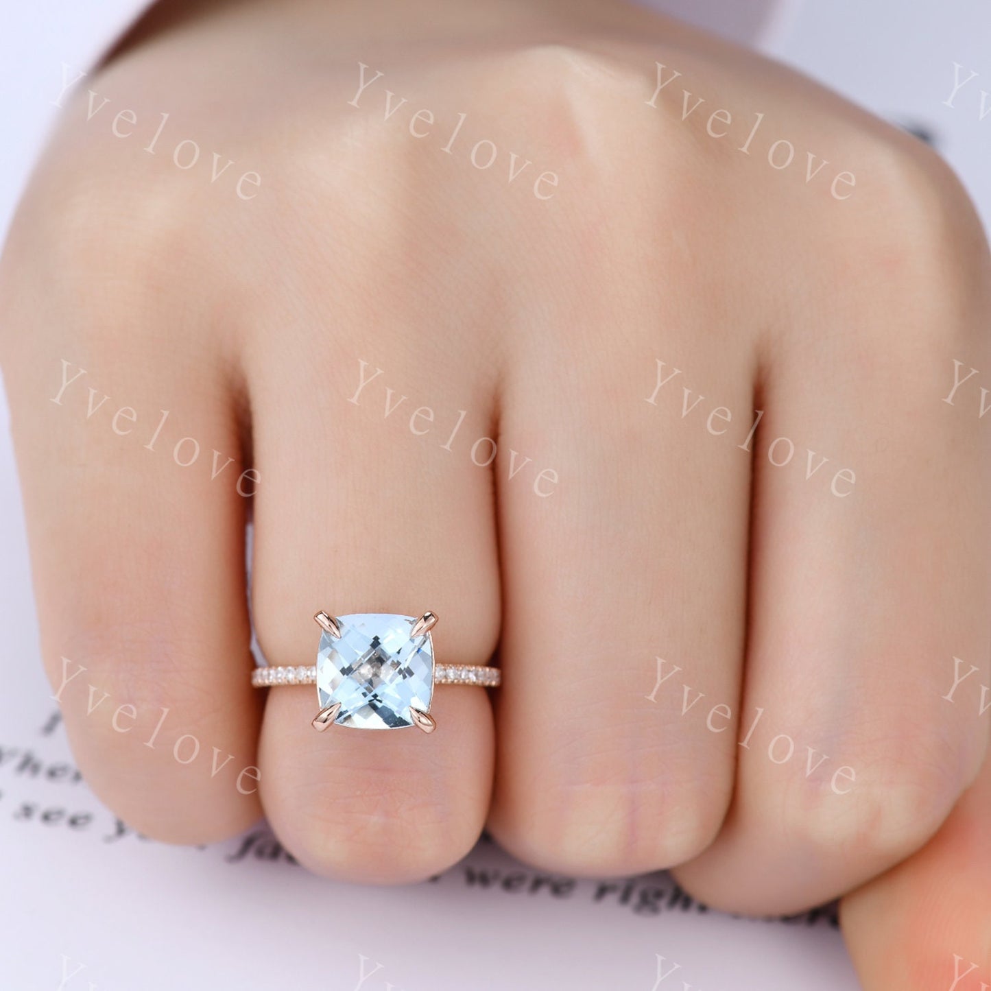 Aquamarine engagement ring rose gold diamond wedding band half eternity band 8mm cushion cut stone solitaire ring March gem handmade jewelry