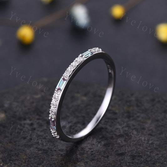 Vintage Baguette Cut Alexandrite Diamond Wedding Band White Gold Rings for Women Half Eternity Wedding Ring June Birthstone Anniversary Gift