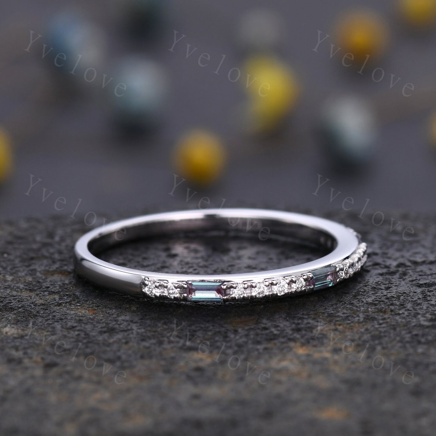 Vintage Baguette Cut Alexandrite Diamond Wedding Band White Gold Rings for Women Half Eternity Wedding Ring June Birthstone Anniversary Gift