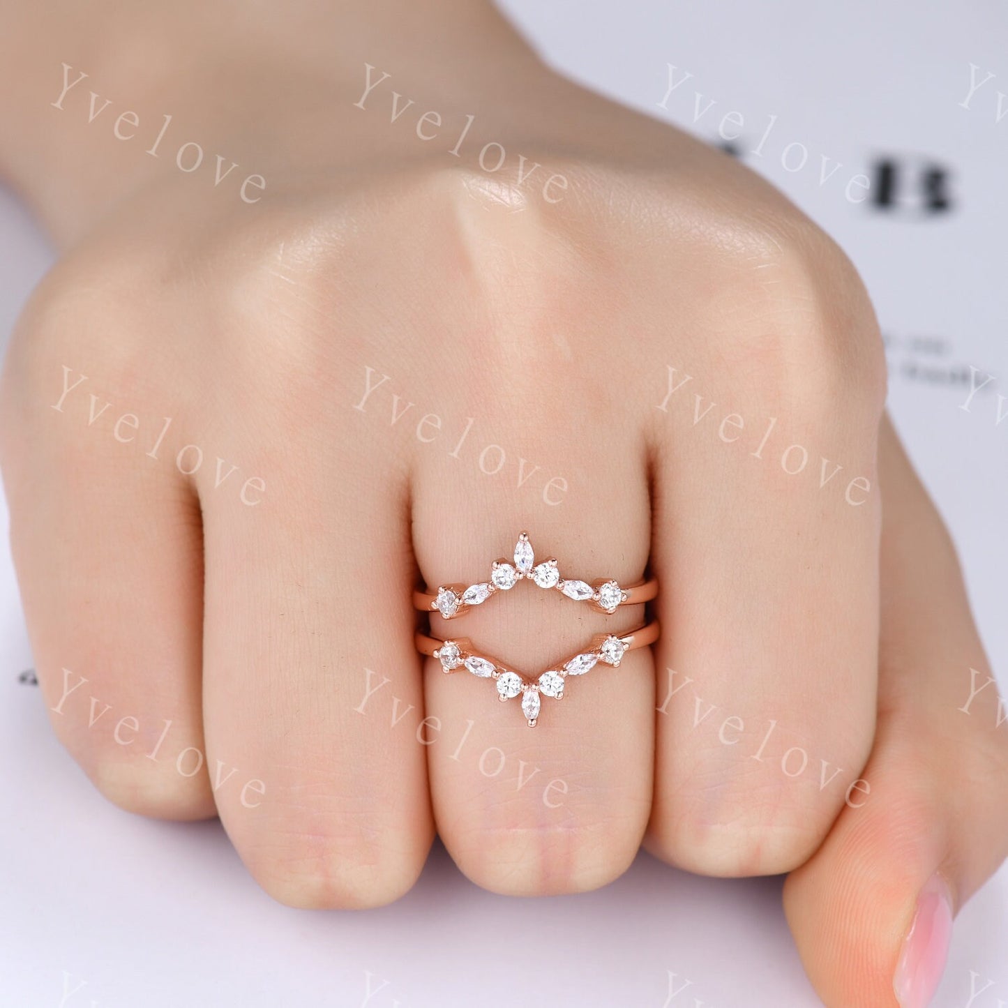 Unique Moissanite wedding band V Curved Diamond wedding band Enhancer Band Rose gold Stacking Matching Band Bridal Promise Anniversary Gift