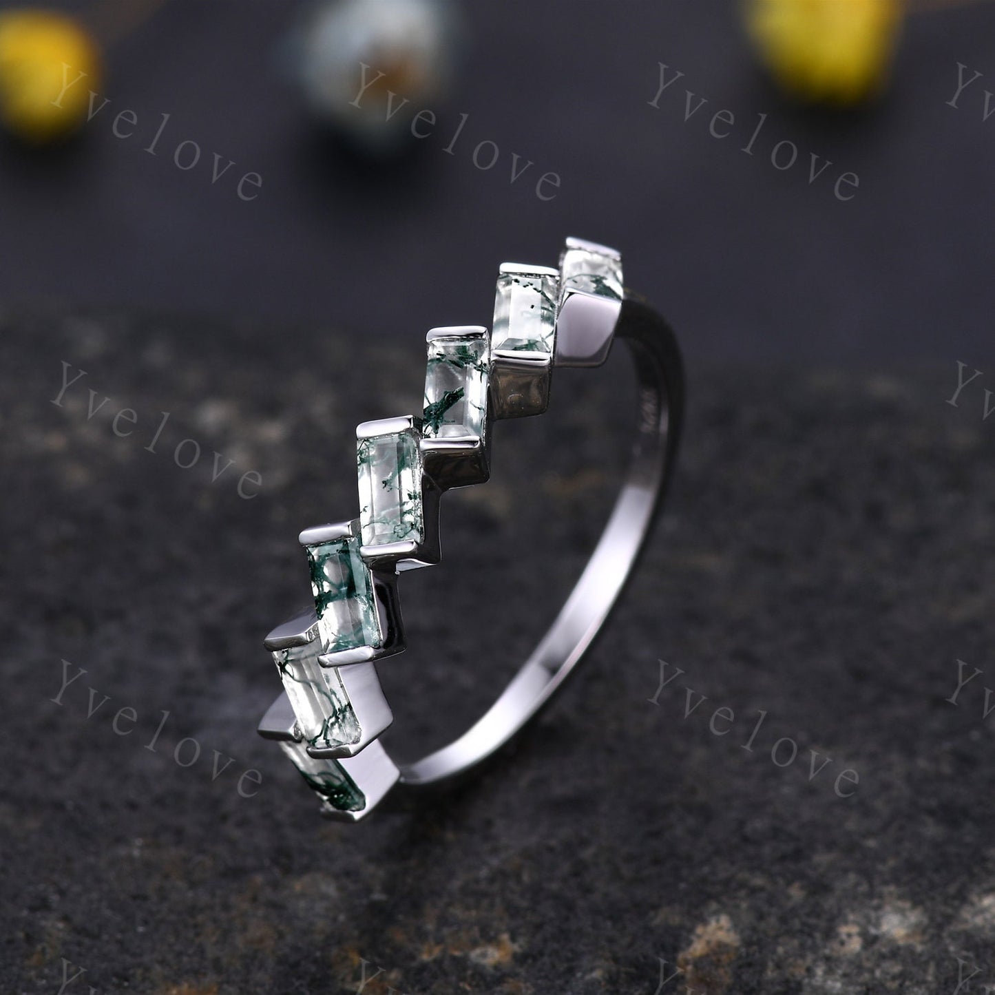 Baguette Cut Moss Agate Wedding Band Green Moss Agate Cluster Stacking Matching Band Vintage Sterling Silver Ring Gift For Her Customized