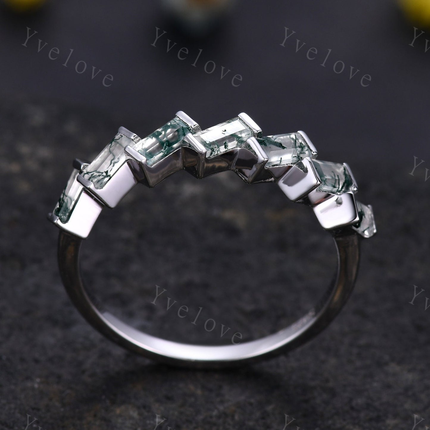 Baguette Cut Moss Agate Wedding Band Green Moss Agate Cluster Stacking Matching Band Vintage Sterling Silver Ring Gift For Her Customized
