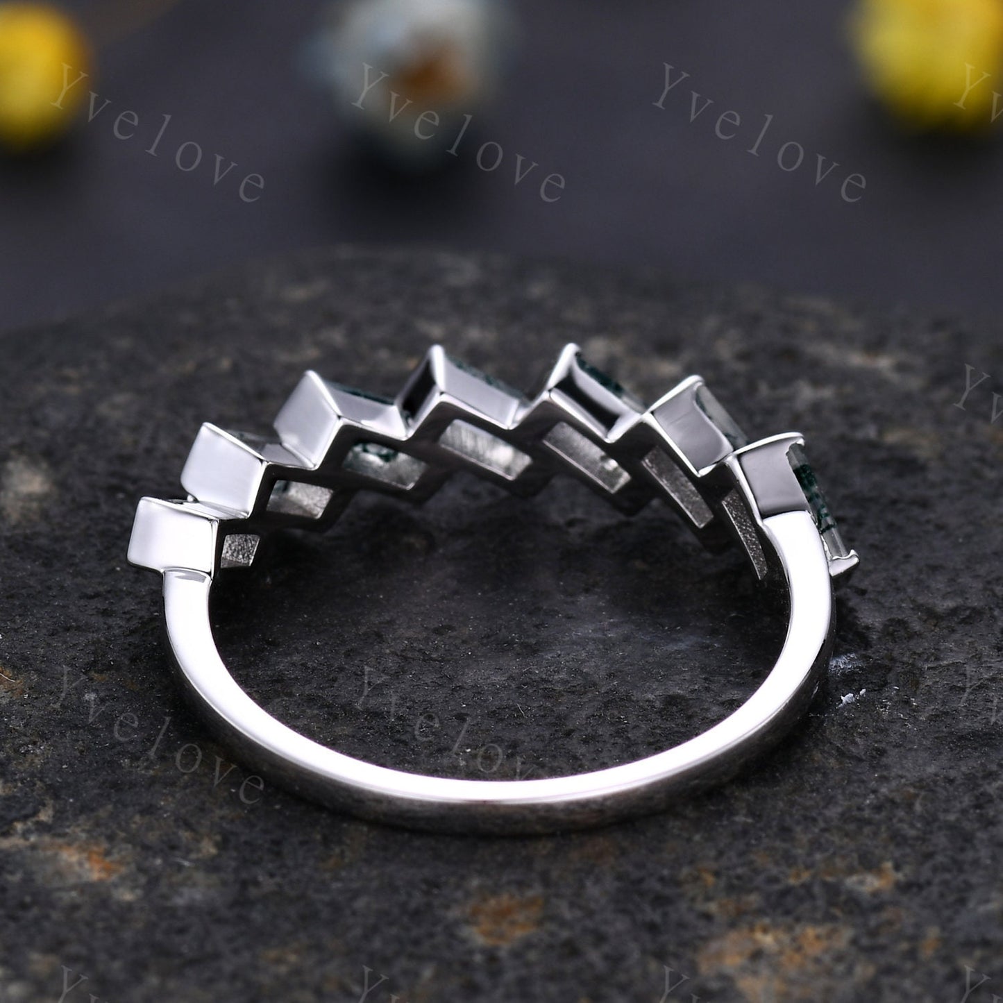 Baguette Cut Moss Agate Wedding Band Green Moss Agate Cluster Stacking Matching Band Vintage Sterling Silver Ring Gift For Her Customized