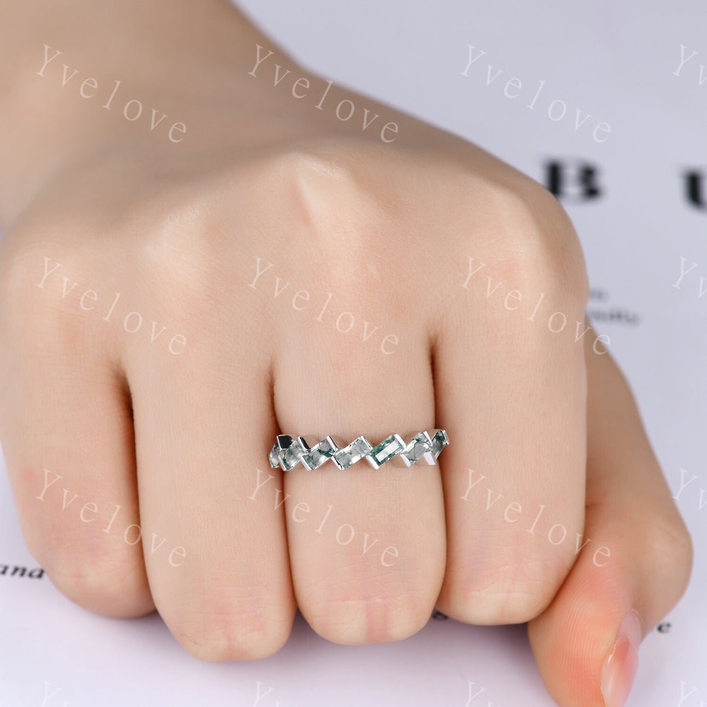 Baguette Cut Moss Agate Wedding Band Green Moss Agate Cluster Stacking Matching Band Vintage Sterling Silver Ring Gift For Her Customized