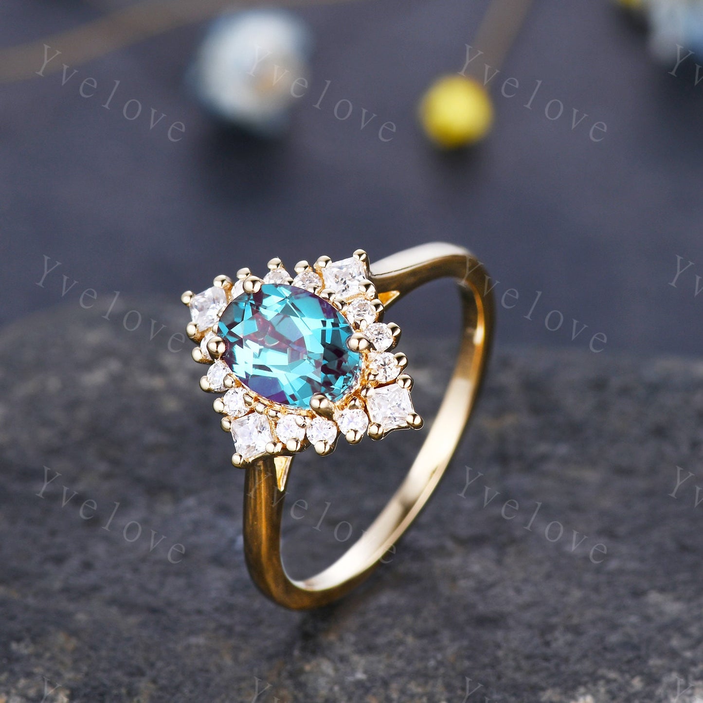 Vintage engagement ring 14k gold alexandrite moissanite wedding ring women bridal jewelry floral halo plain gold band anniversary ring gift