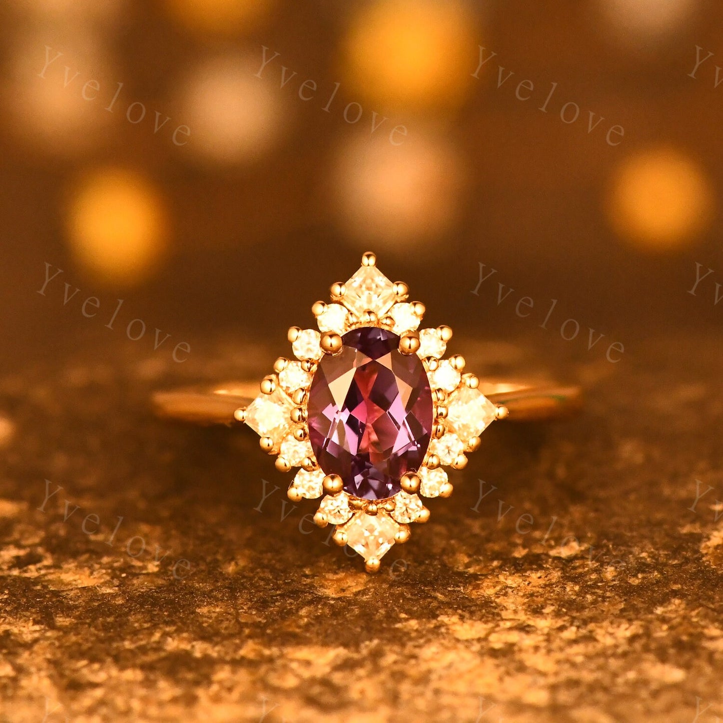 Vintage engagement ring 14k gold alexandrite moissanite wedding ring women bridal jewelry floral halo plain gold band anniversary ring gift