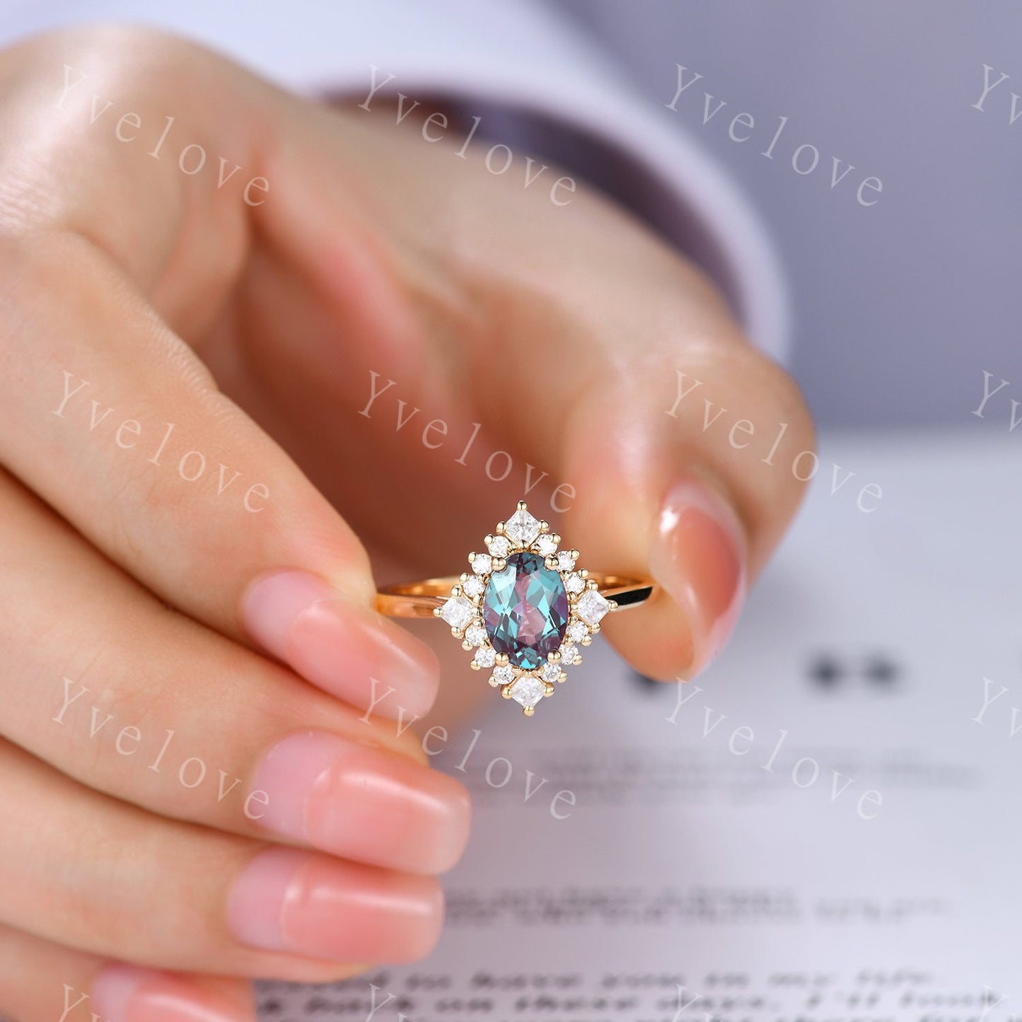 Vintage engagement ring 14k gold alexandrite moissanite wedding ring women bridal jewelry floral halo plain gold band anniversary ring gift