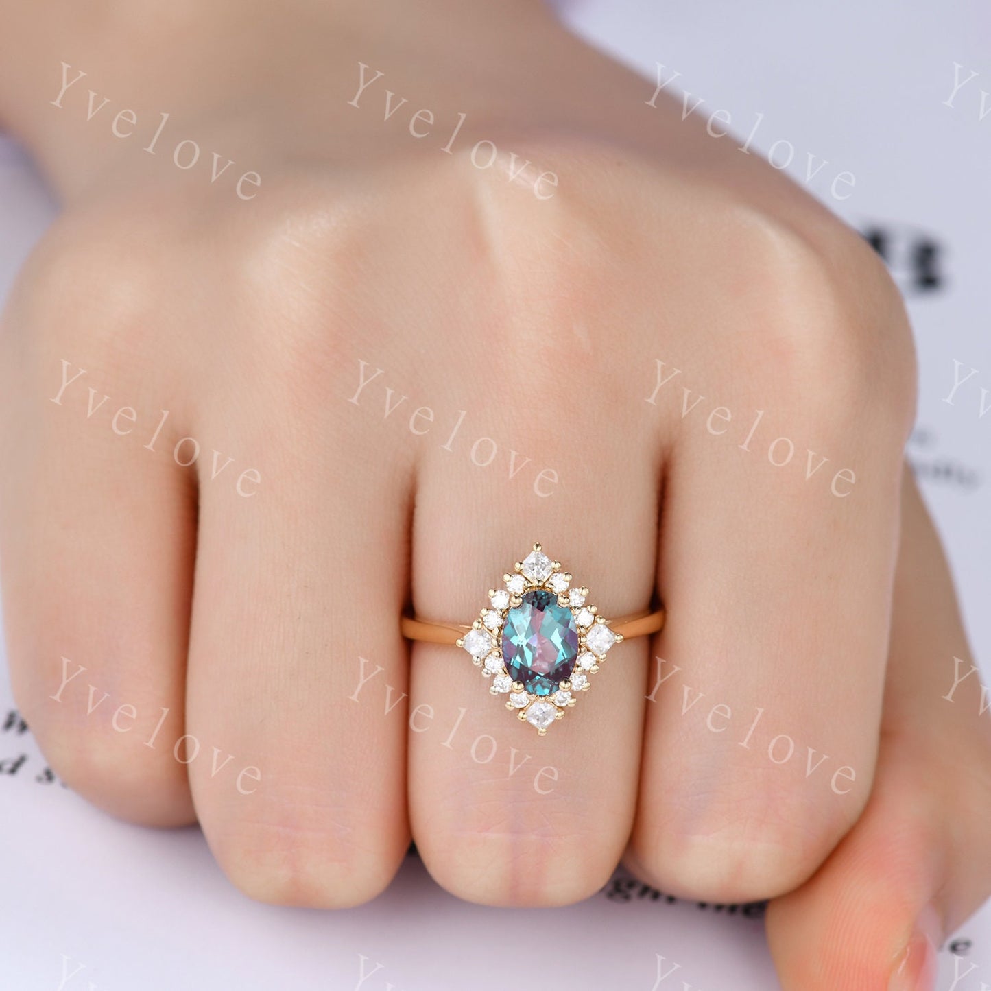 Vintage engagement ring 14k gold alexandrite moissanite wedding ring women bridal jewelry floral halo plain gold band anniversary ring gift