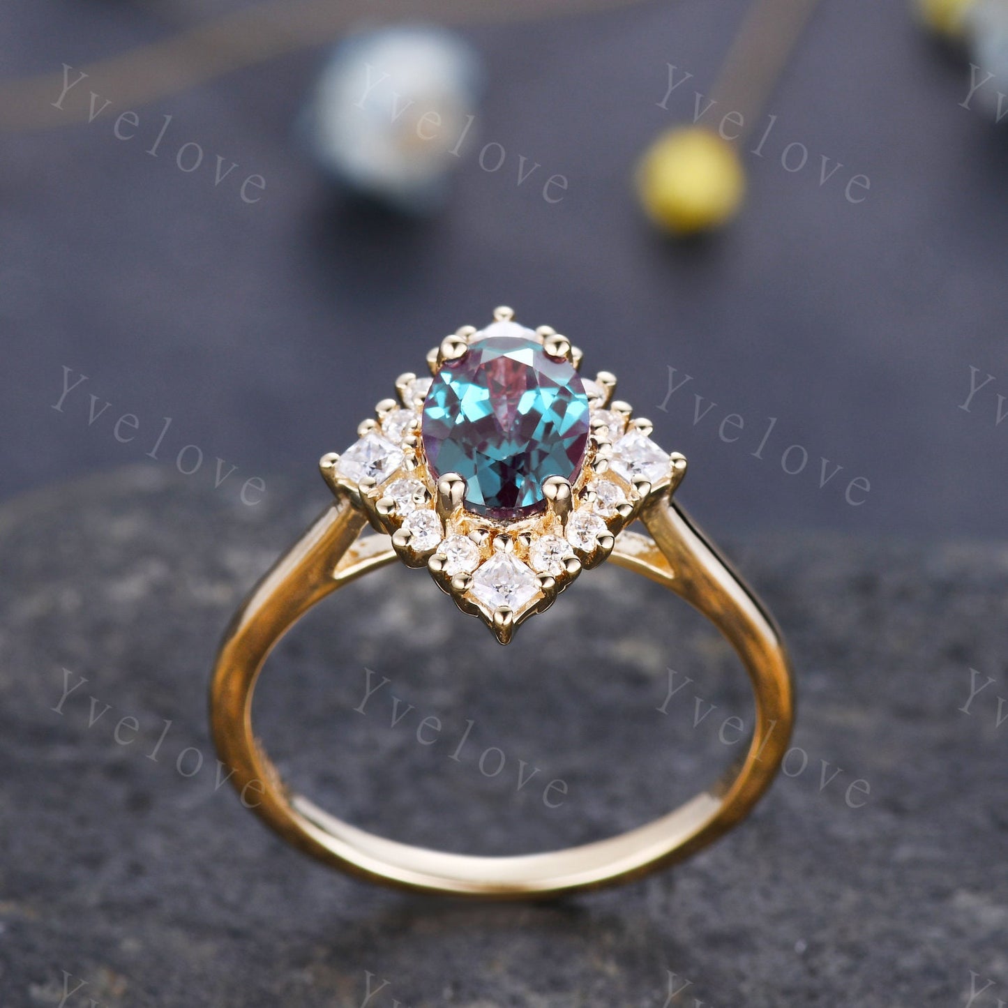 Vintage engagement ring 14k gold alexandrite moissanite wedding ring women bridal jewelry floral halo plain gold band anniversary ring gift