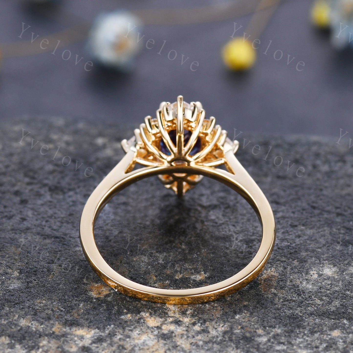 Vintage engagement ring 14k gold alexandrite moissanite wedding ring women bridal jewelry floral halo plain gold band anniversary ring gift