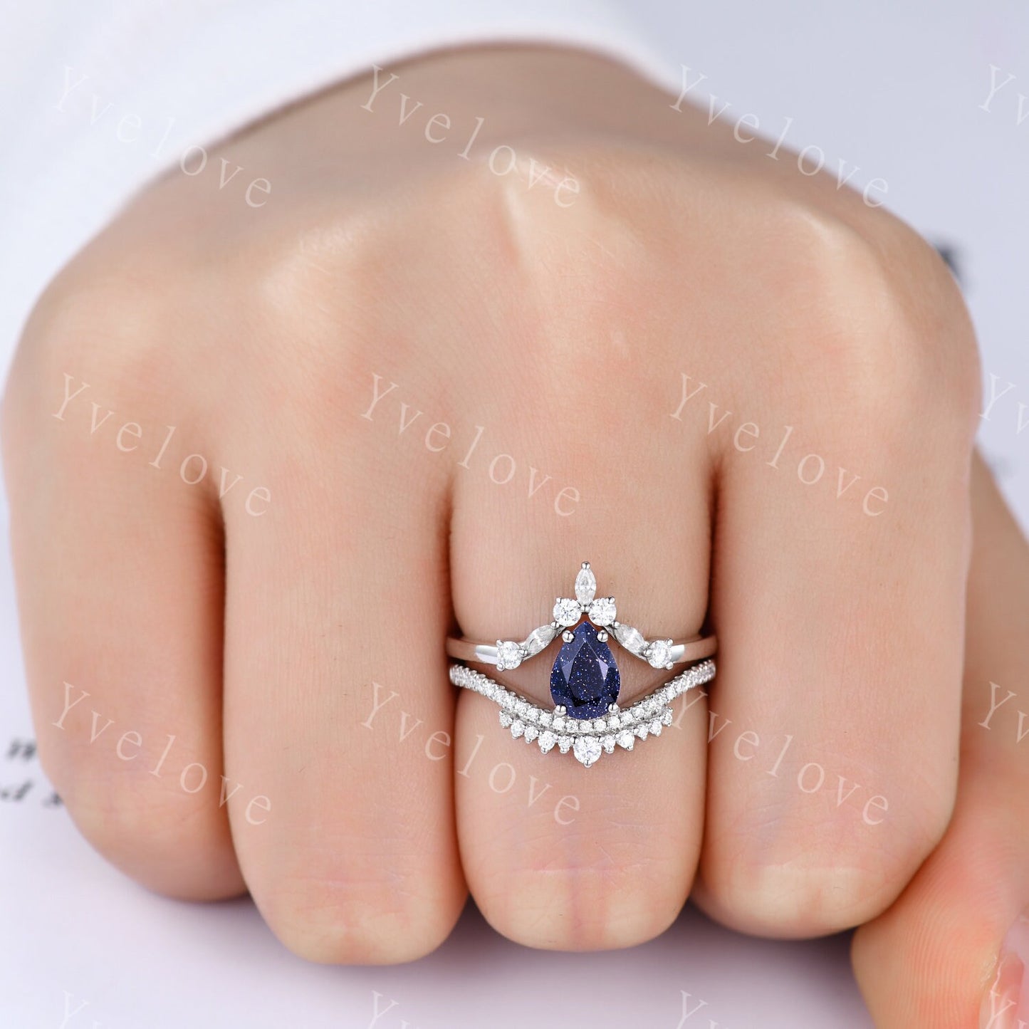 Pear Blue Sandstone Engagement Ring Set Elegant Wedding Ring Marquise stack wedding band Unique Vintage Bridal Set Anniversary Gift Silver