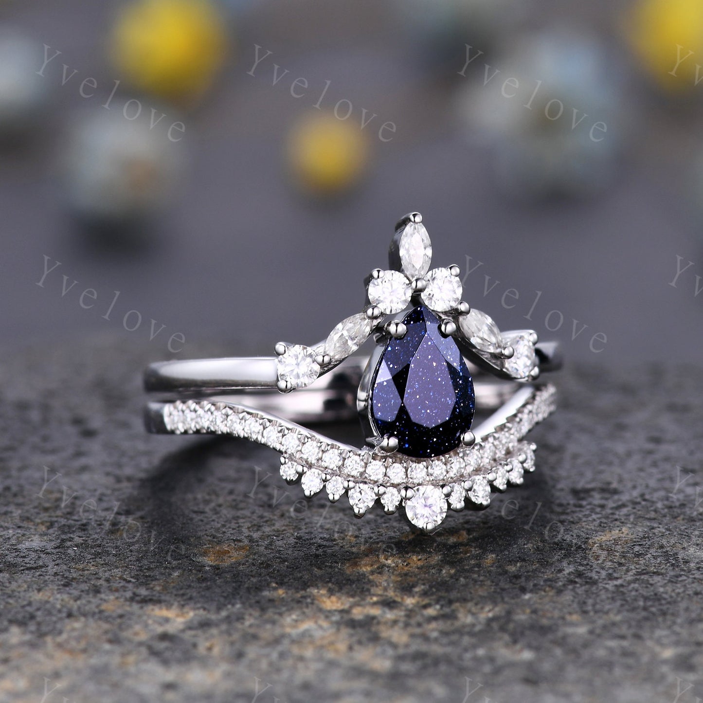 Pear Blue Sandstone Engagement Ring Set Elegant Wedding Ring Marquise stack wedding band Unique Vintage Bridal Set Anniversary Gift Silver