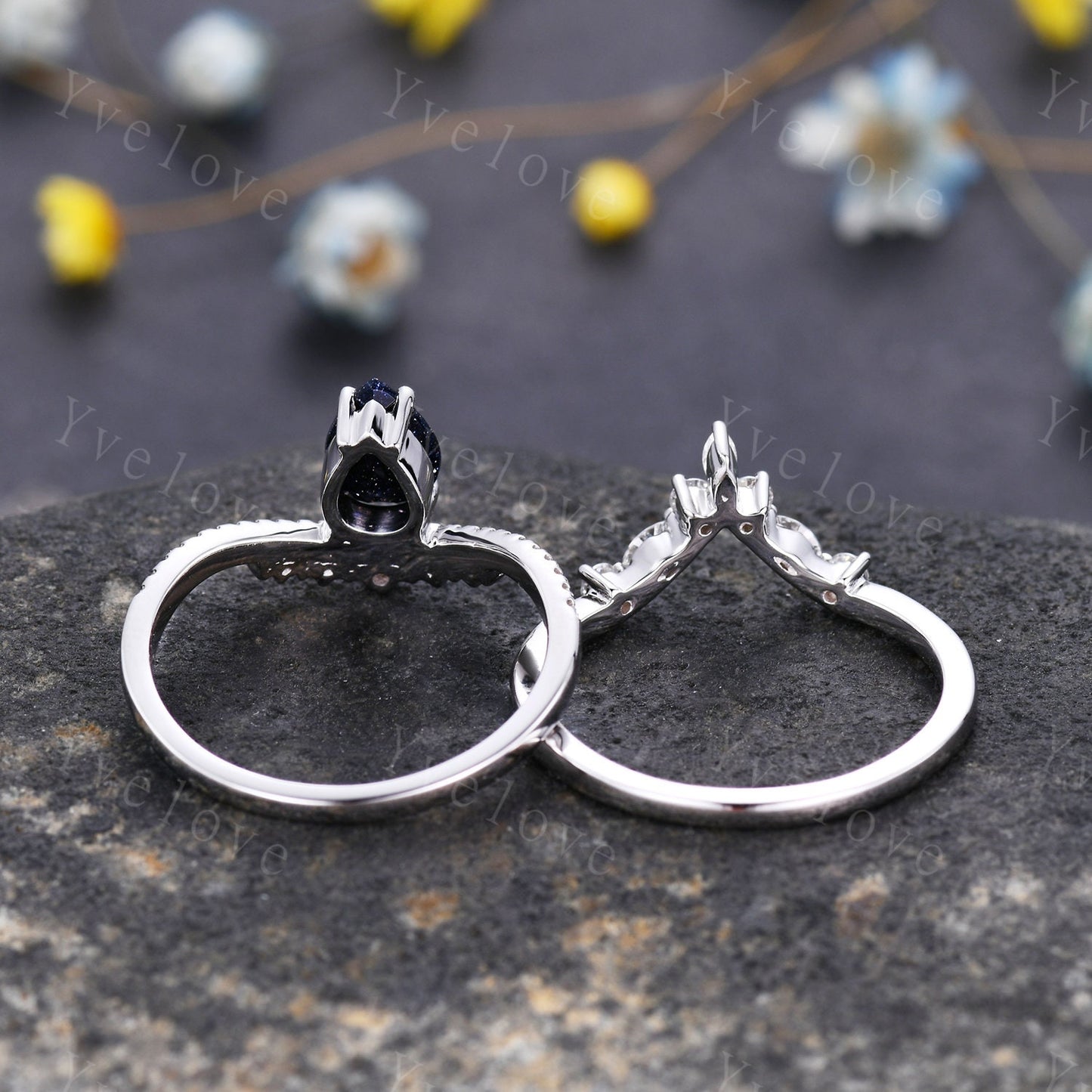 Pear Blue Sandstone Engagement Ring Set Elegant Wedding Ring Marquise stack wedding band Unique Vintage Bridal Set Anniversary Gift Silver