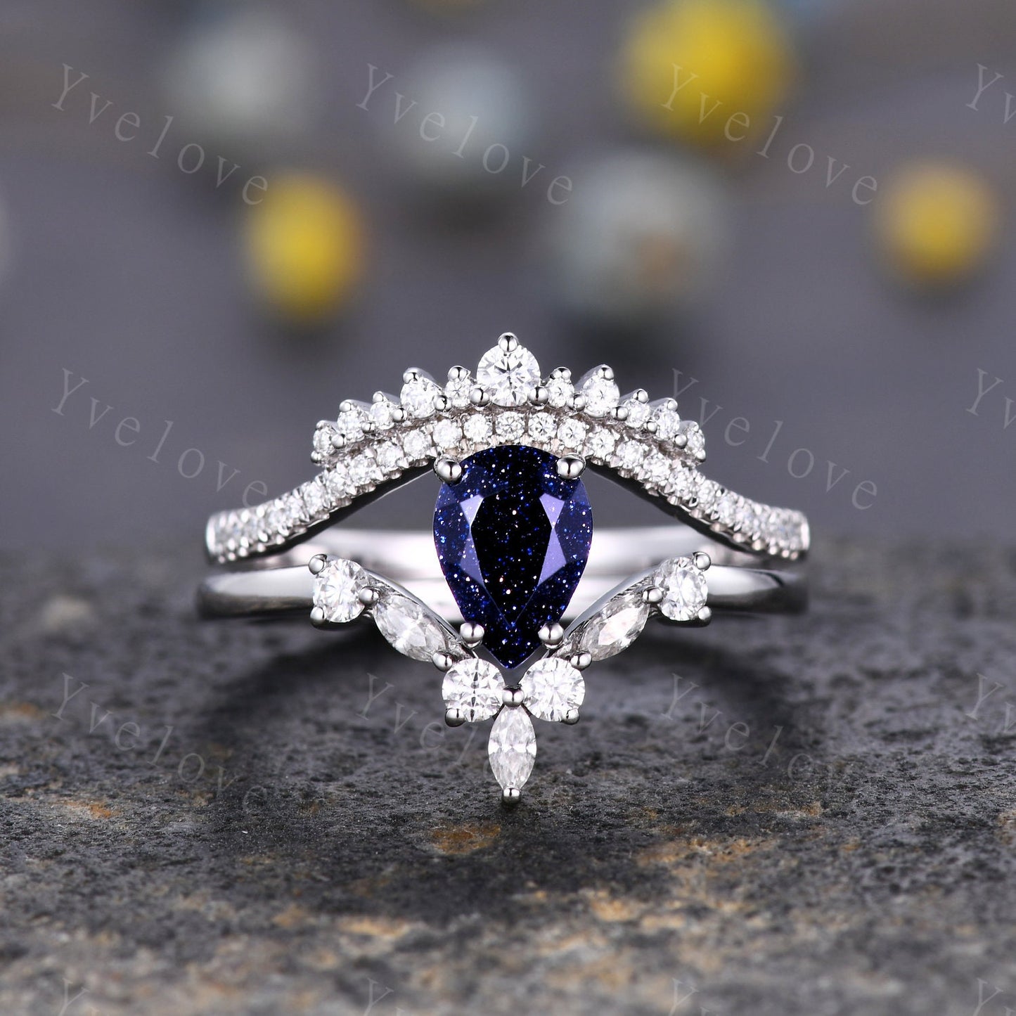 Pear Blue Sandstone Engagement Ring Set Elegant Wedding Ring Marquise stack wedding band Unique Vintage Bridal Set Anniversary Gift Silver