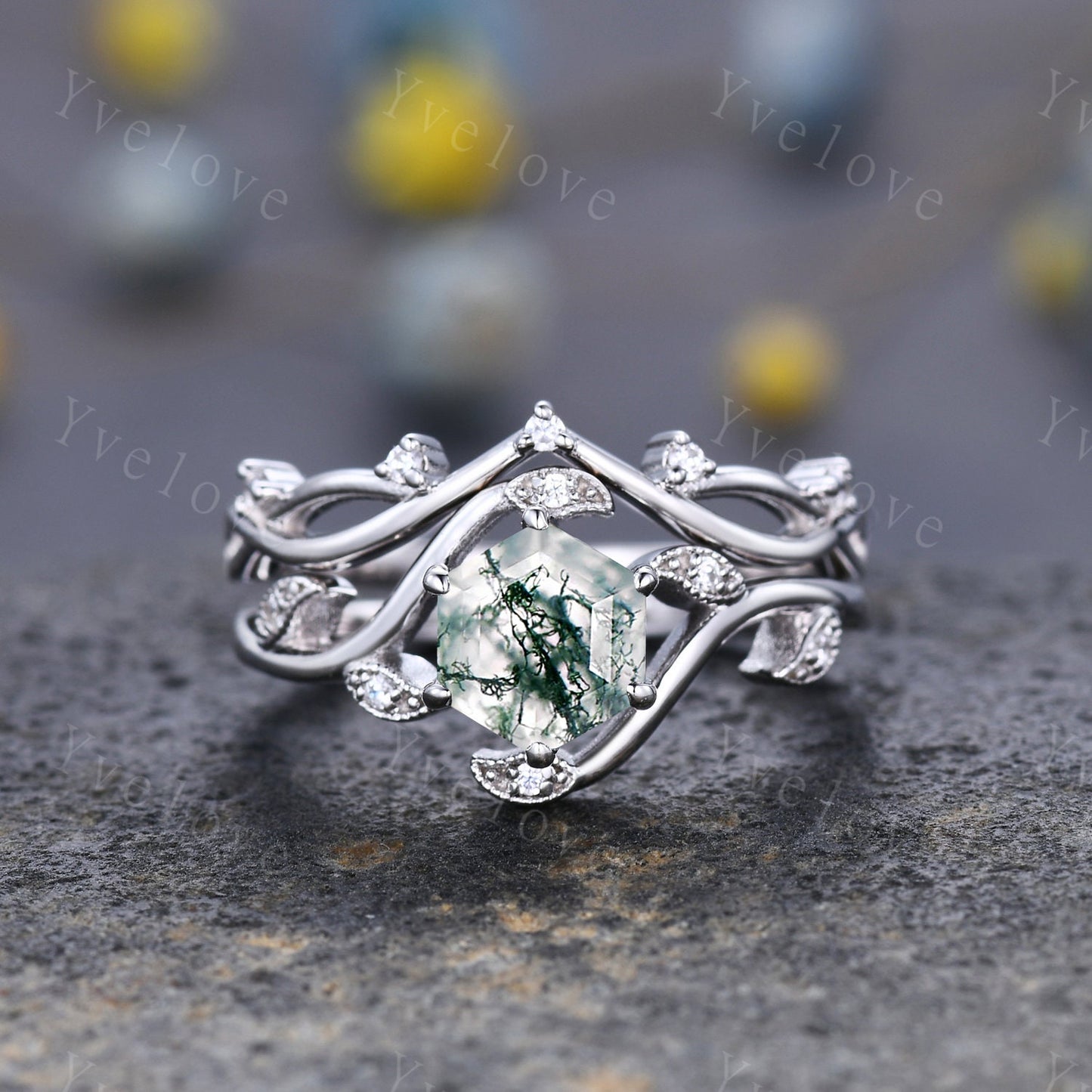 Retro hexagon Moss Agate Ring,Vintage Sterling Silver Ring Set,Unique Agate Engagement Ring,Promise Ring,Anniversary Bridal Ring Gift,Custom