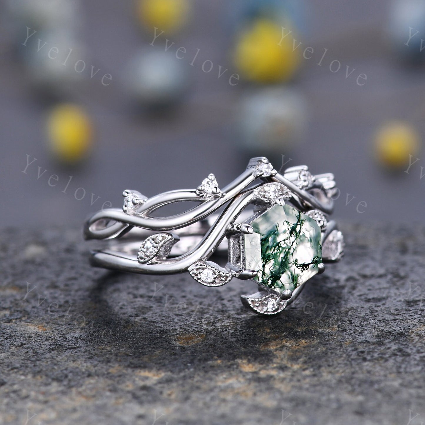 Retro hexagon Moss Agate Ring,Vintage Sterling Silver Ring Set,Unique Agate Engagement Ring,Promise Ring,Anniversary Bridal Ring Gift,Custom