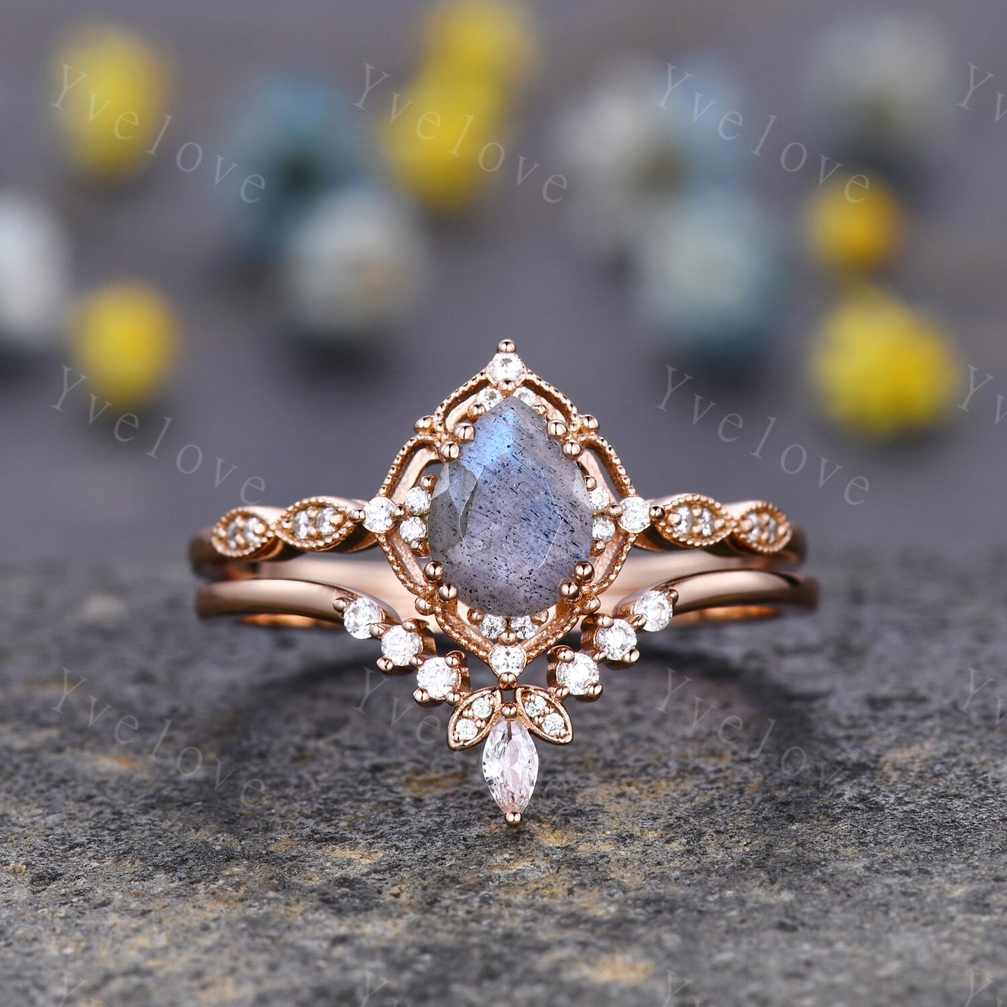 Vintage Labradorite Engagement Ring Set,6x8mm Pear Shape Bridal Set,Moissanite Half Eternity Band,Solid Gold,Women Rings Gift For Her,Custom