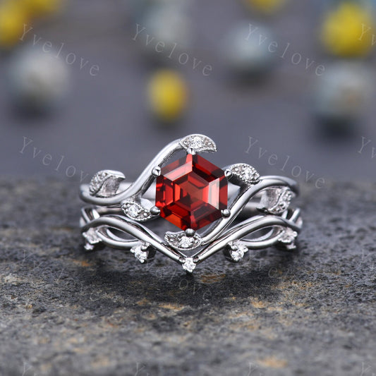 Vintage hexagon Red Garnet Ring,Vintage Sterling Silver Ring Set,Unique Garnet Engagement Ring,Twist Twig Vine Ring,Anniversary Ring Gift