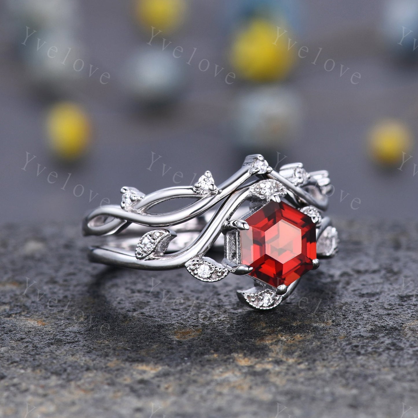 Vintage hexagon Red Garnet Ring,Vintage Sterling Silver Ring Set,Unique Garnet Engagement Ring,Twist Twig Vine Ring,Anniversary Ring Gift