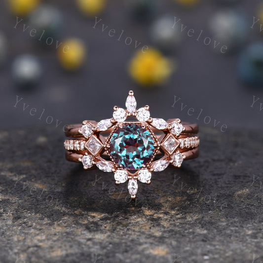 Unique Alexandrite Ring Set,Alexandrite Engagement Ring,Enhancer Ring,Double Curved band,Women Bridal Matching Stacking Diamond Wedding Band