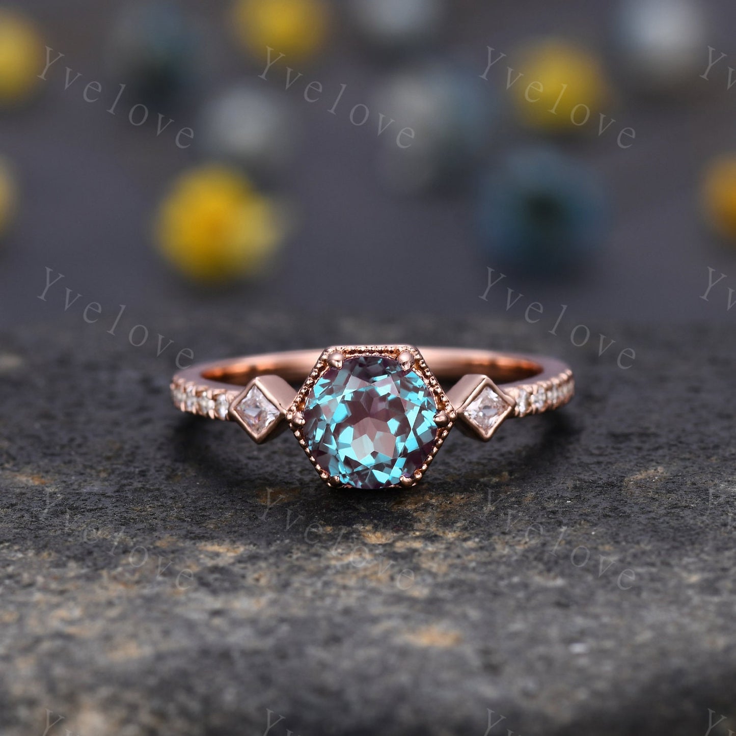Unique Alexandrite Ring Set,Alexandrite Engagement Ring,Enhancer Ring,Double Curved band,Women Bridal Matching Stacking Diamond Wedding Band
