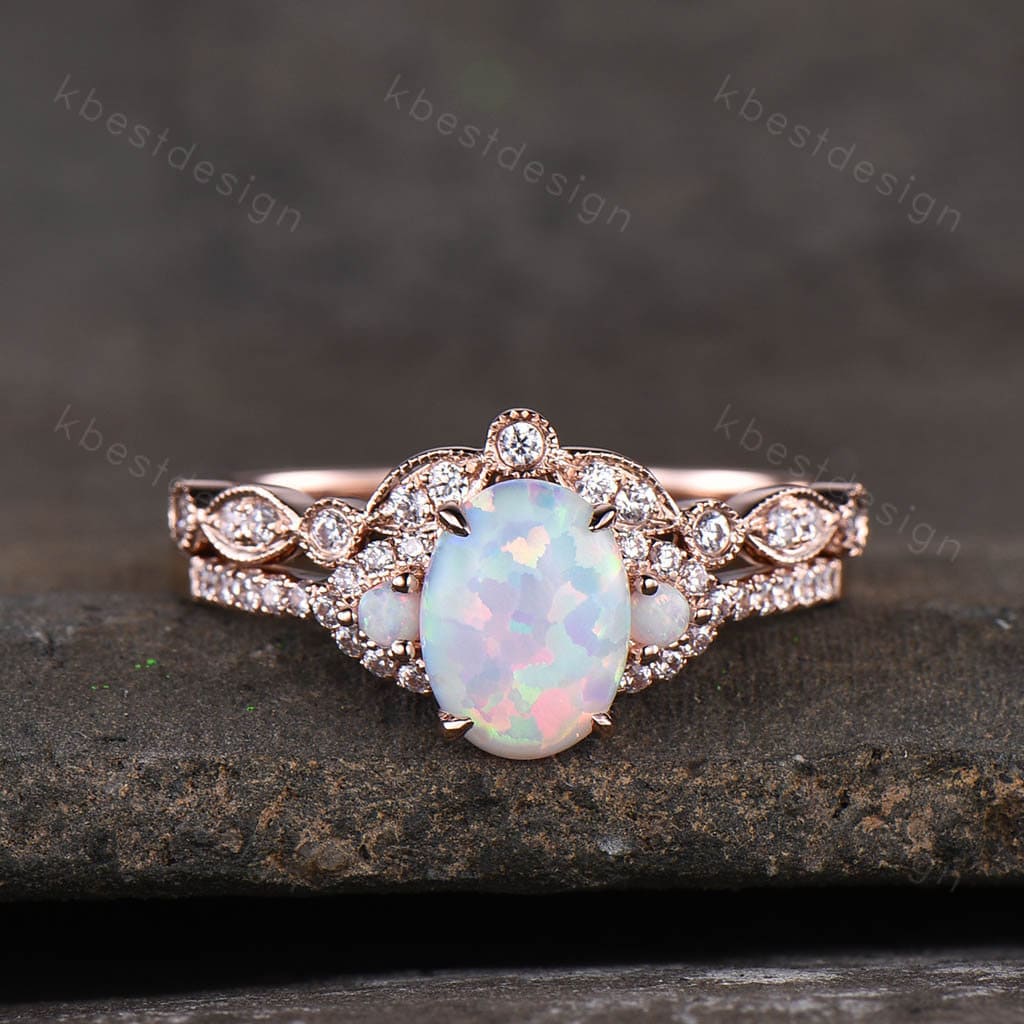 White Opal Engagement Ring Set, Rose Gold Rings for Women, Art Deco Stacking Band, Oval Cut Bridal Set, Unique Curved Wedding Band, Handmade