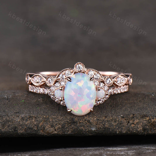 White Opal Engagement Ring Set, Rose Gold Rings for Women, Art Deco Stacking Band, Oval Cut Bridal Set, Unique Curved Wedding Band, Handmade
