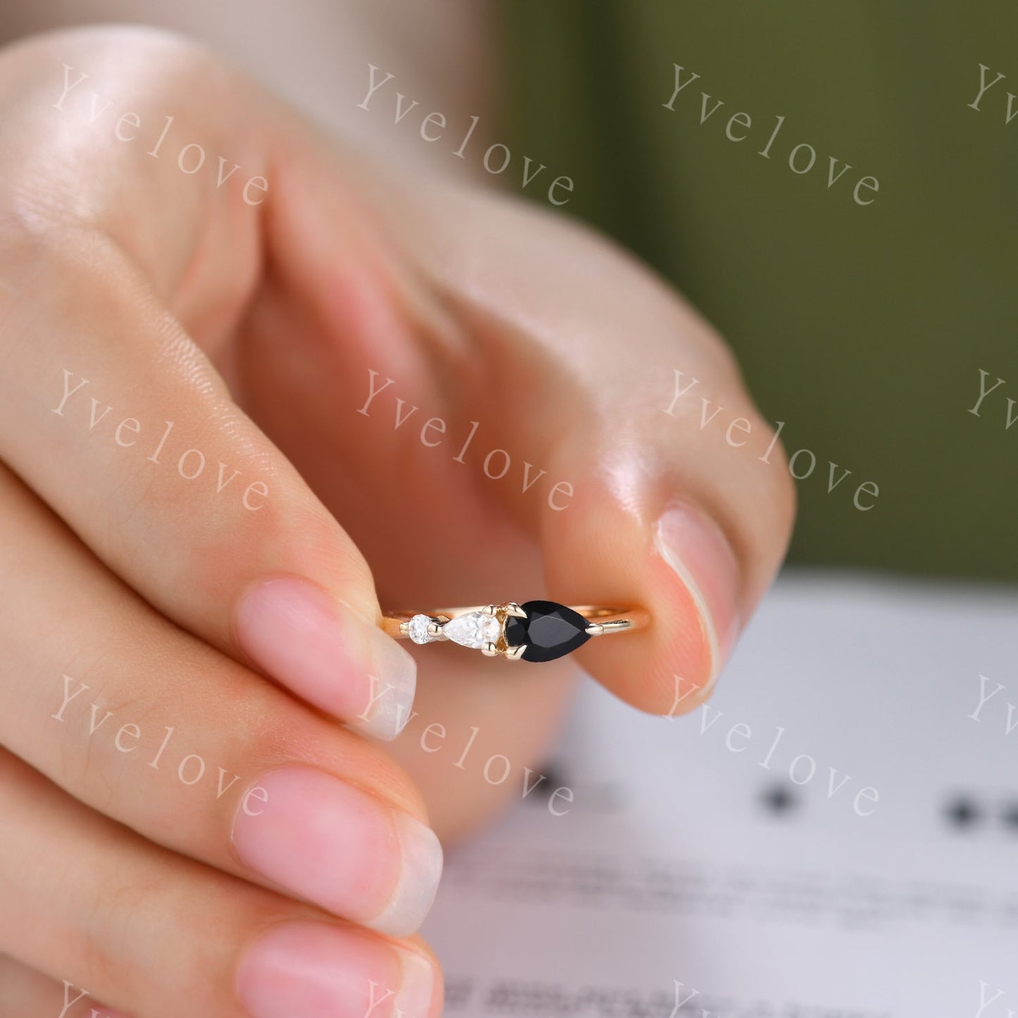 Vintage Black Onyx Engagement Ring,Pear Cut Gems,Art Deco Moissanite Wedding Band,3 Stone Unique Women Bridal Promise Ring Gift,Gold Ring