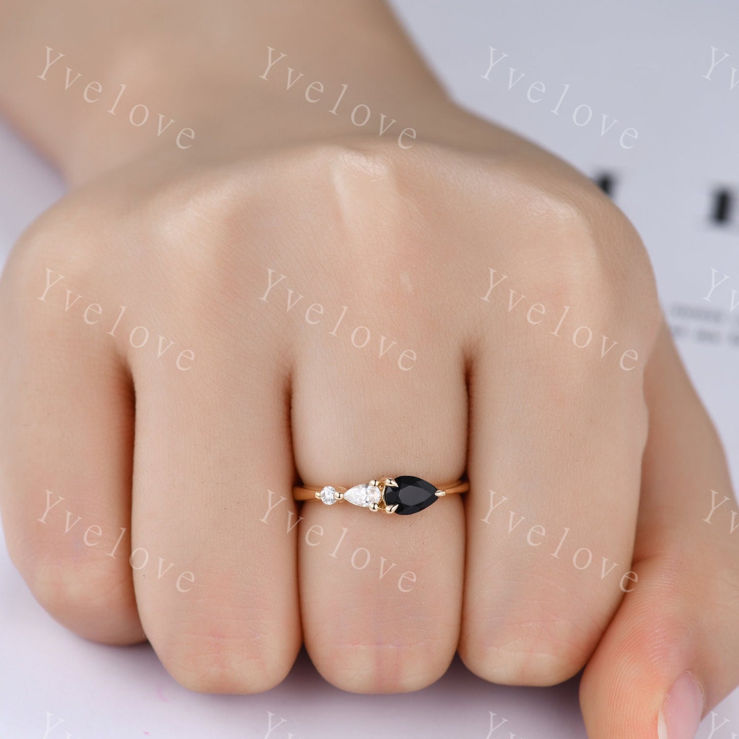 Vintage Black Onyx Engagement Ring,Pear Cut Gems,Art Deco Moissanite Wedding Band,3 Stone Unique Women Bridal Promise Ring Gift,Gold Ring