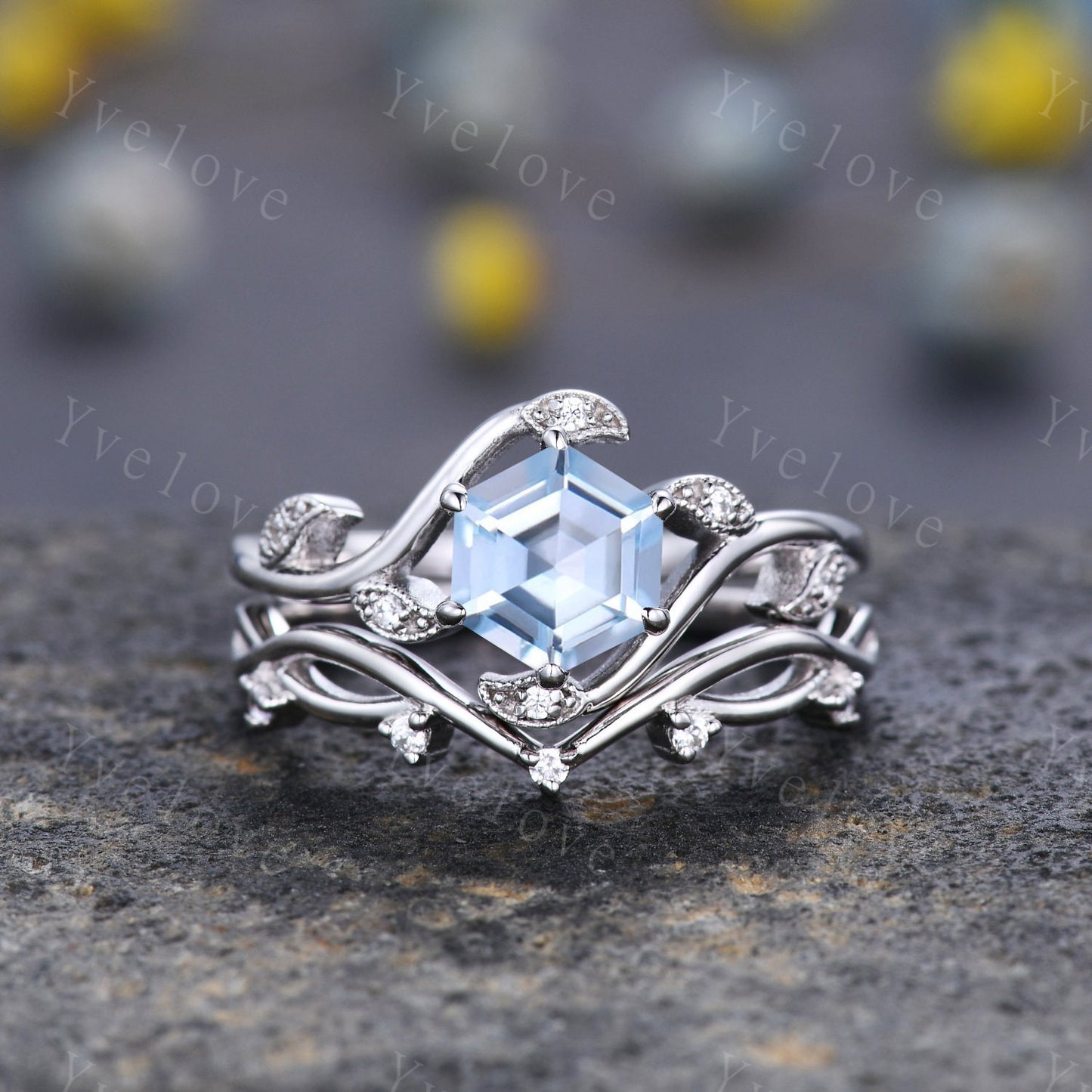 Vintage hexagon cut Aquamarine Ring,Unique Sterling Silver Ring,Retro Aquamarine Engagement Ring,Leaf Ring,Twig Vine Ring,Anniversary Ring