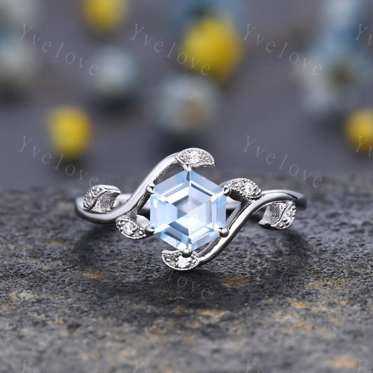 Vintage hexagon cut Aquamarine Ring,Unique Sterling Silver Ring,Retro Aquamarine Engagement Ring,Leaf Ring,Twig Vine Ring,Anniversary Ring