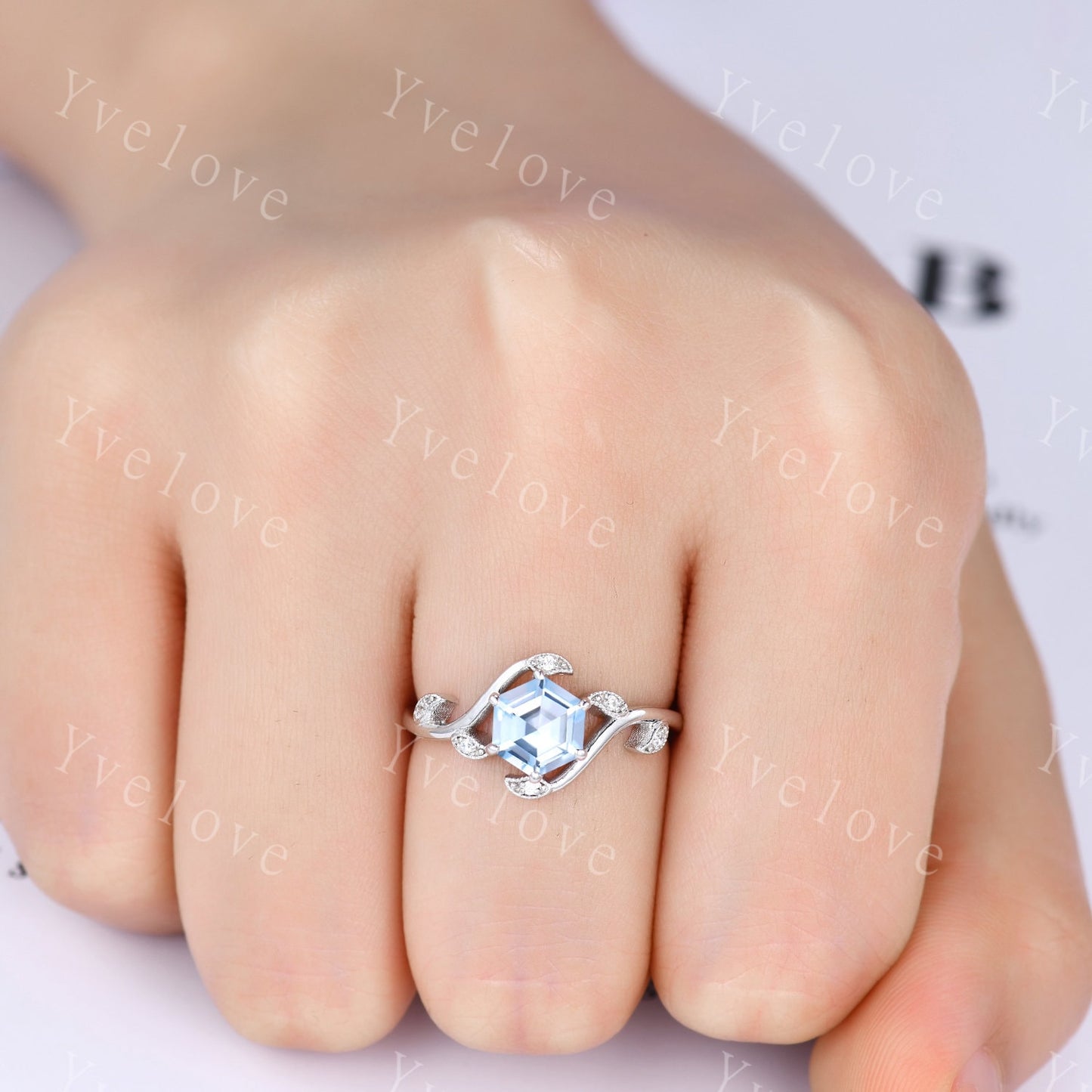 Vintage hexagon cut Aquamarine Ring,Unique Sterling Silver Ring,Retro Aquamarine Engagement Ring,Leaf Ring,Twig Vine Ring,Anniversary Ring