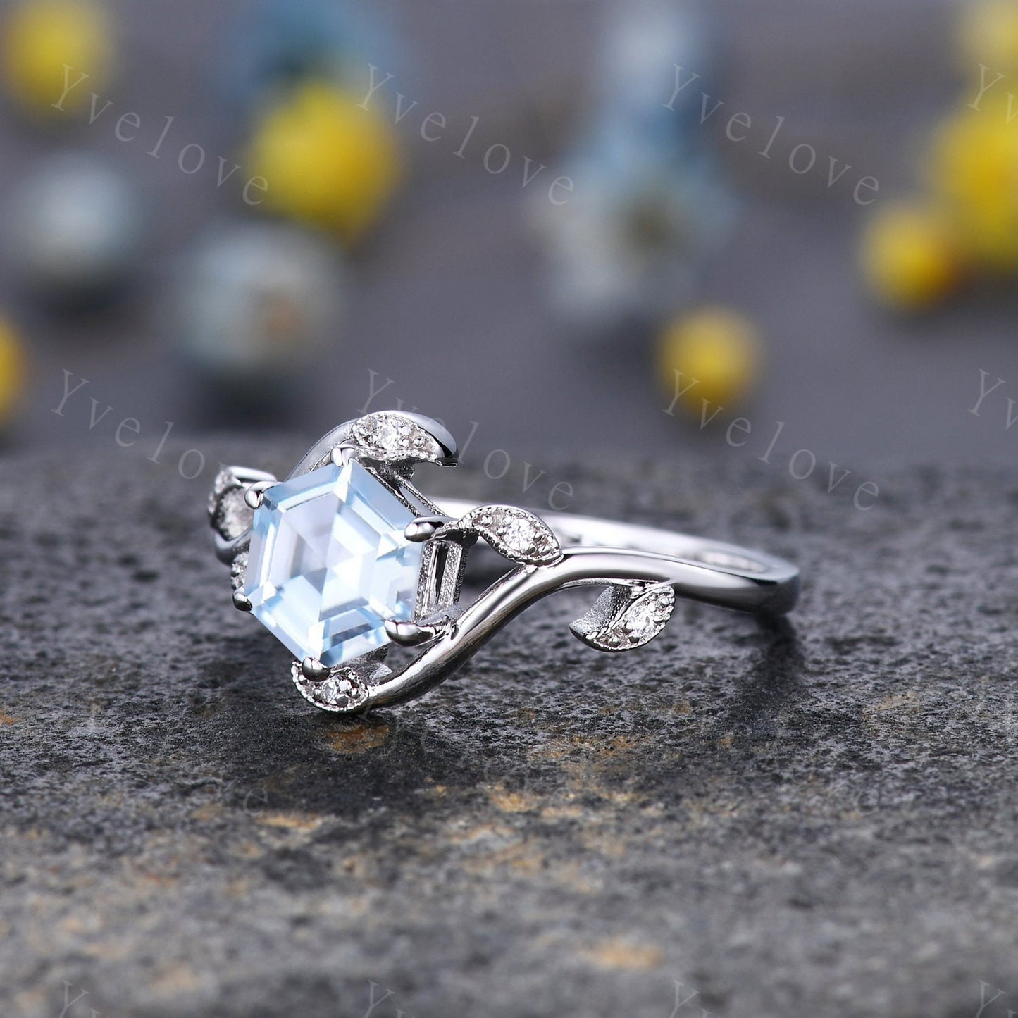 Vintage hexagon cut Aquamarine Ring,Unique Sterling Silver Ring,Retro Aquamarine Engagement Ring,Leaf Ring,Twig Vine Ring,Anniversary Ring