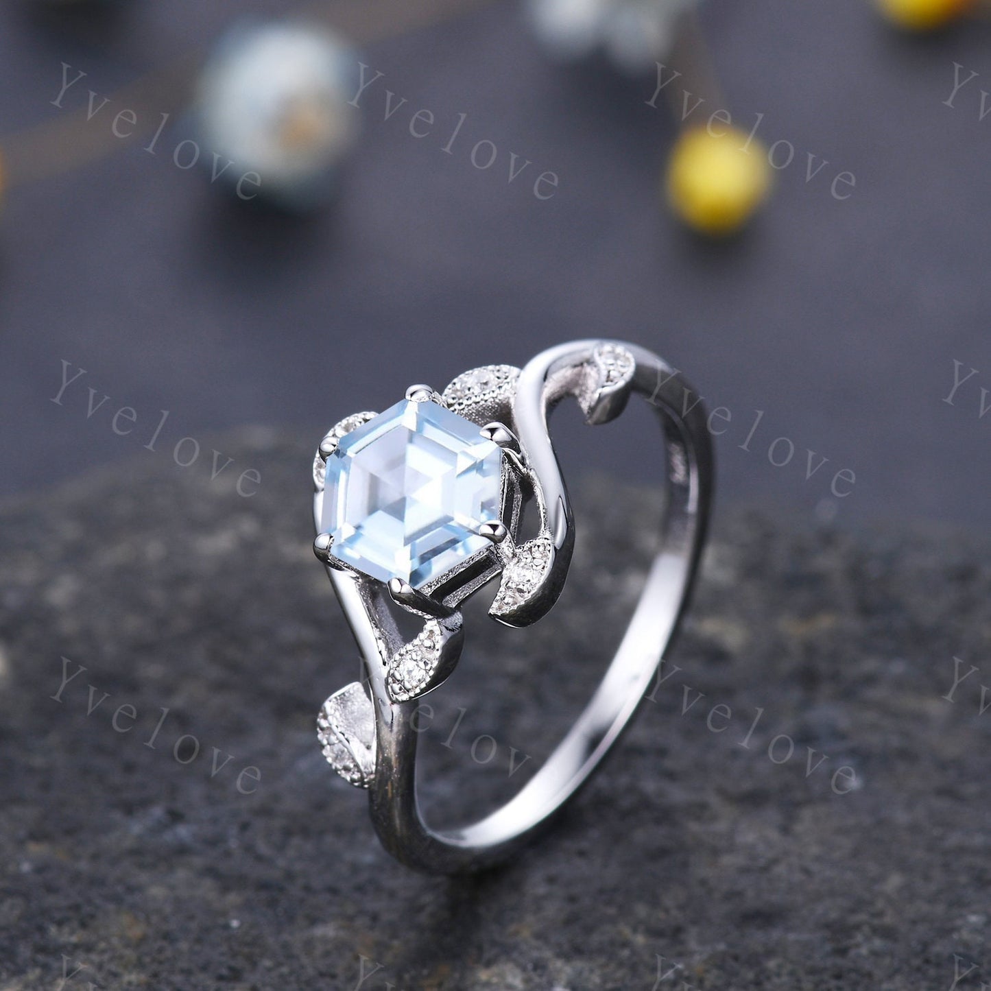 Vintage hexagon cut Aquamarine Ring,Unique Sterling Silver Ring,Retro Aquamarine Engagement Ring,Leaf Ring,Twig Vine Ring,Anniversary Ring