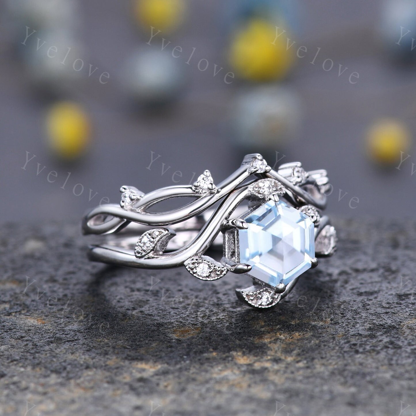 Vintage hexagon cut Aquamarine Ring,Unique Sterling Silver Ring,Retro Aquamarine Engagement Ring,Leaf Ring,Twig Vine Ring,Anniversary Ring