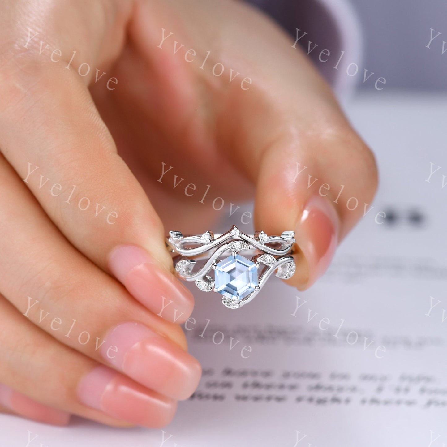 Vintage hexagon cut Aquamarine Ring,Unique Sterling Silver Ring,Retro Aquamarine Engagement Ring,Leaf Ring,Twig Vine Ring,Anniversary Ring