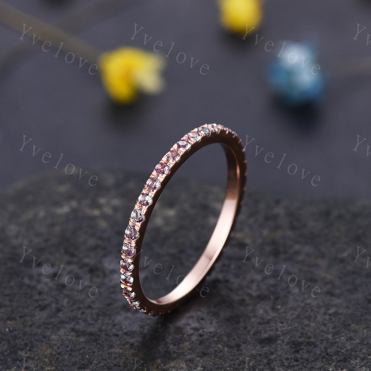 Alexandrite Wedding Band Full Eternity Band Rose Gold June Birthstone Ring Minimalist Ring Pave Wedding Band Stacking Band Anniversary Ring