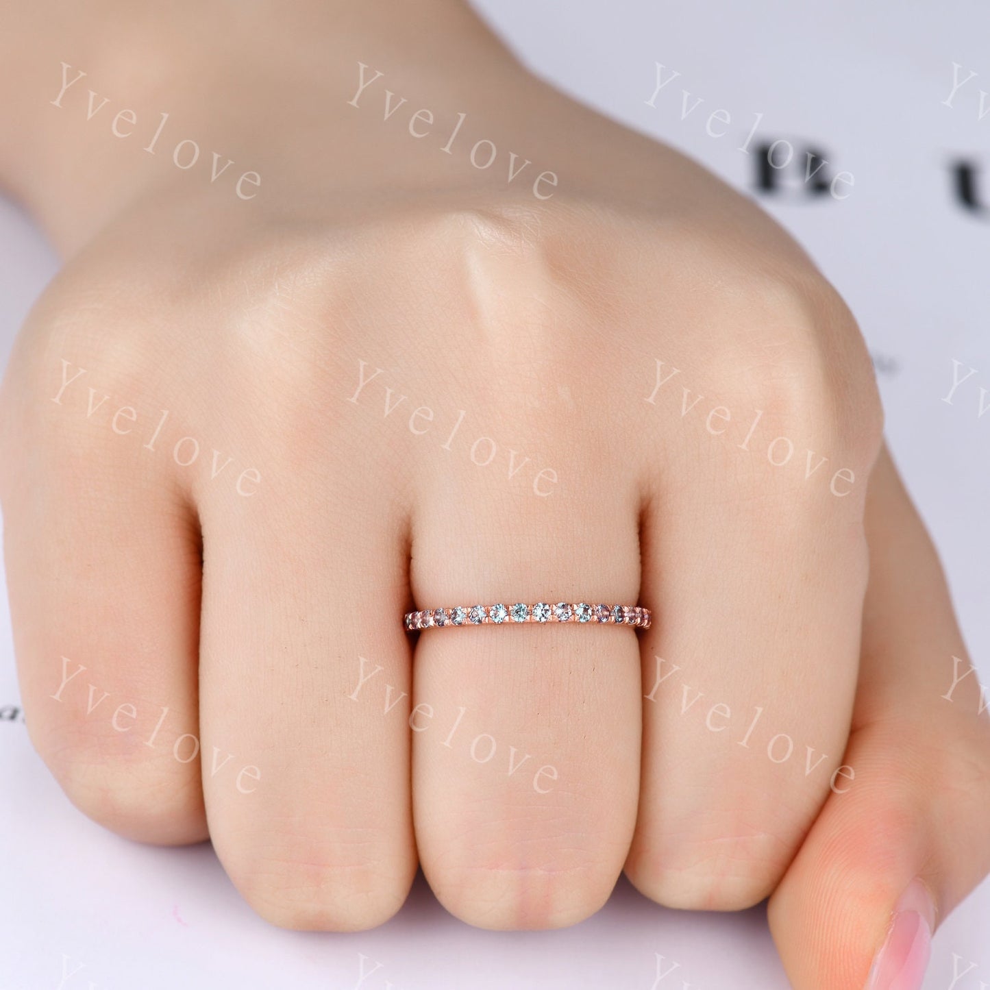 Alexandrite Wedding Band Full Eternity Band Rose Gold June Birthstone Ring Minimalist Ring Pave Wedding Band Stacking Band Anniversary Ring
