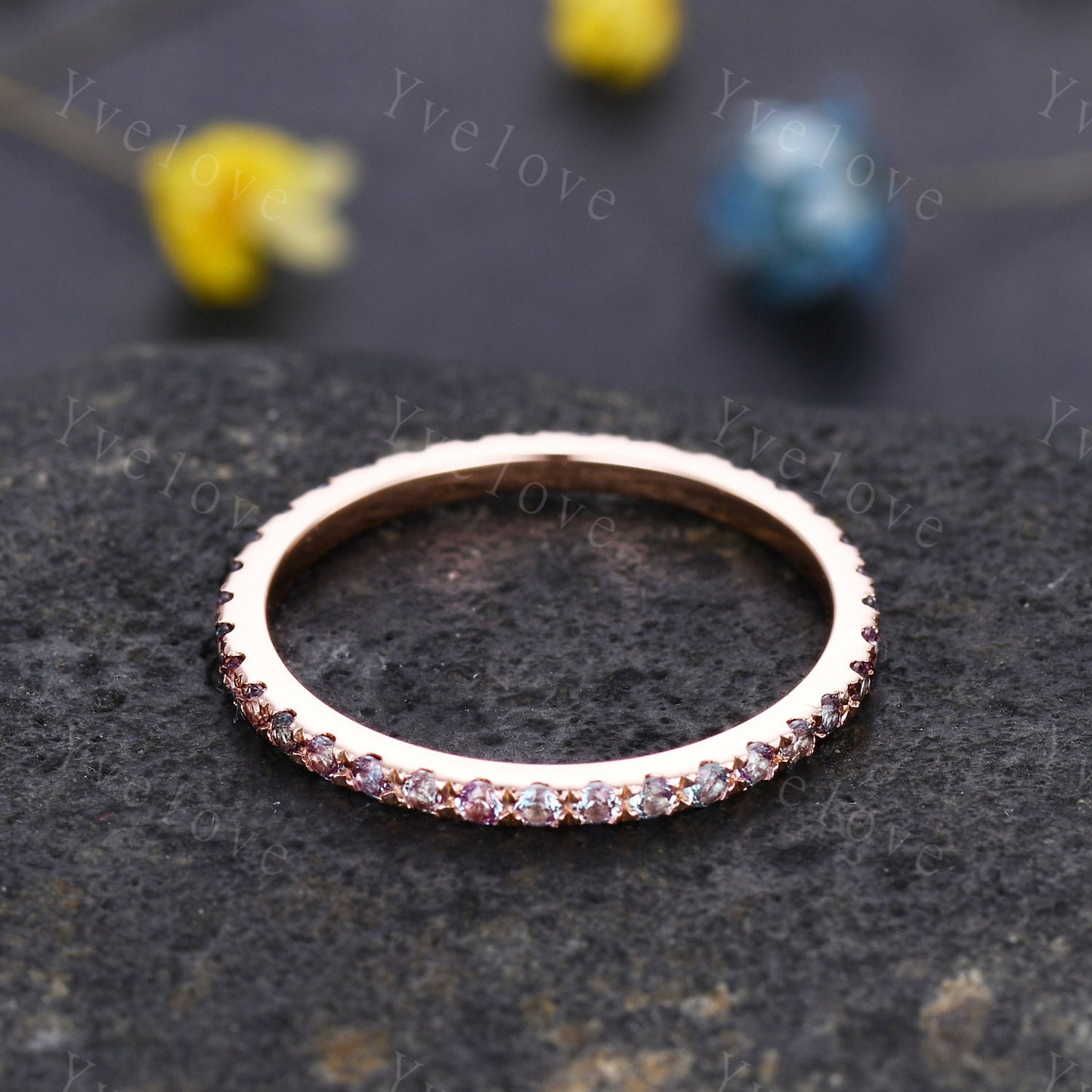 Alexandrite Wedding Band Full Eternity Band Rose Gold June Birthstone Ring Minimalist Ring Pave Wedding Band Stacking Band Anniversary Ring